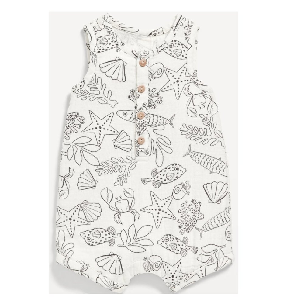Old Navy Unisex Printed Sleeveless Henley Romper for Baby, 6 - 12 months